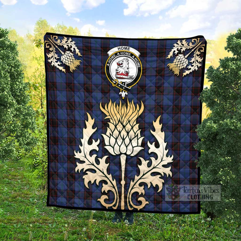 Tartan Vibes Clothing Home (Hume) Tartan Quilt with Family Crest and Golden Thistle Style