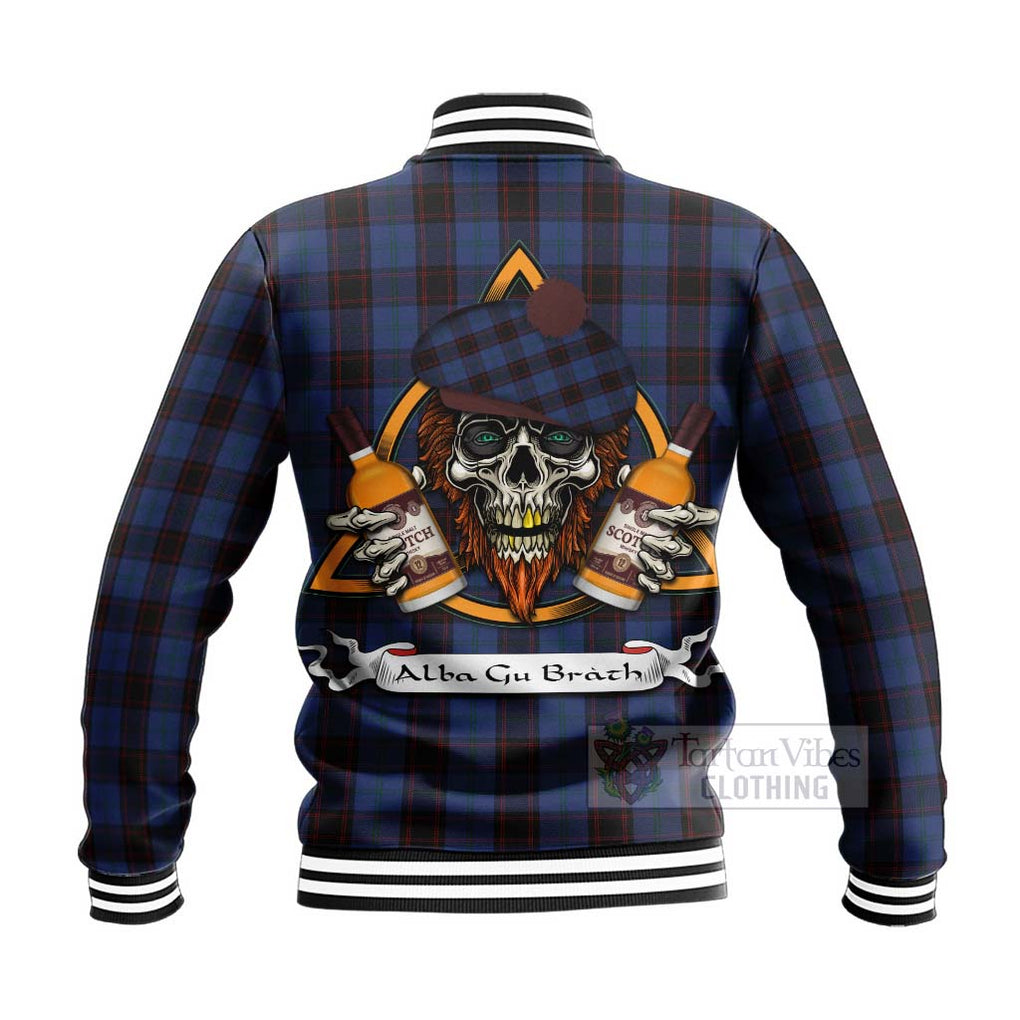 Tartan Vibes Clothing Home (Hume) Tartan Baseball Jacket with Family Crest and Bearded Skull Holding Bottles of Whiskey