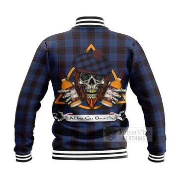 Home (Hume) Tartan Baseball Jacket with Family Crest and Bearded Skull Holding Bottles of Whiskey