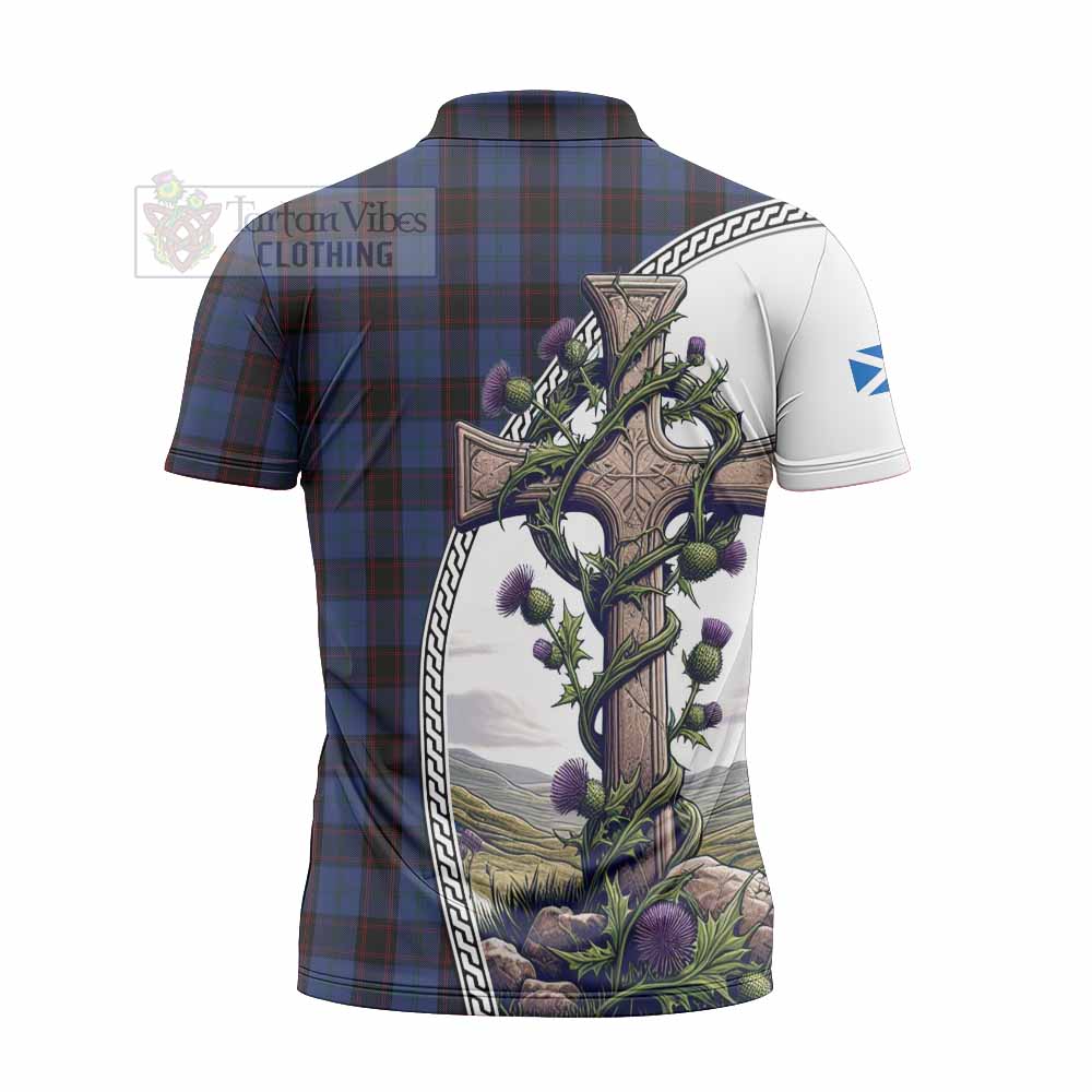 Tartan Vibes Clothing Home (Hume) Tartan Zipper Polo Shirt with Family Crest and St. Andrew's Cross Accented by Thistle Vines