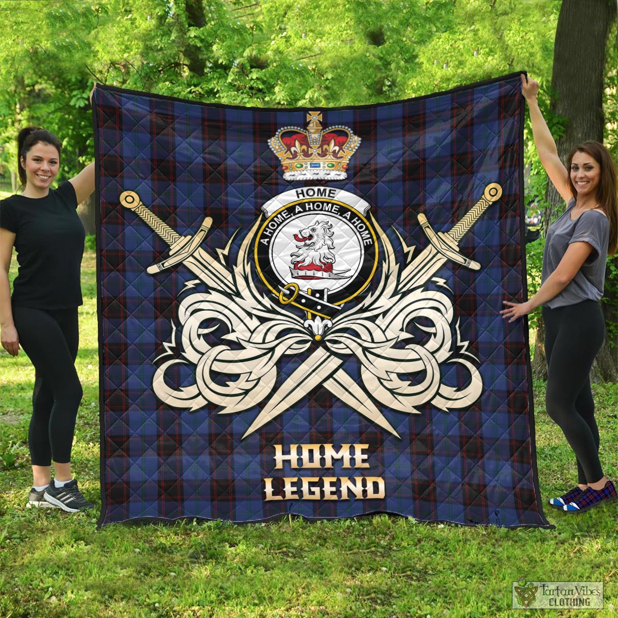 Tartan Vibes Clothing Home (Hume) Tartan Quilt with Clan Crest and the Golden Sword of Courageous Legacy