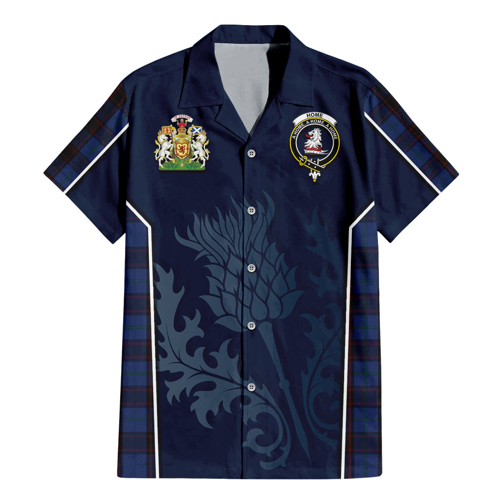 Tartan Vibes Clothing Home (Hume) Tartan Short Sleeve Button Up Shirt with Family Crest and Scottish Thistle Vibes Sport Style