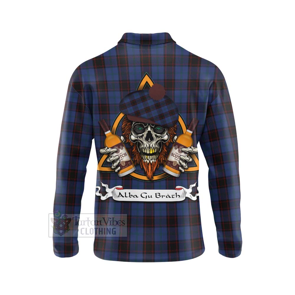 Tartan Vibes Clothing Home (Hume) Tartan Long Sleeve Polo Shirt with Family Crest and Bearded Skull Holding Bottles of Whiskey