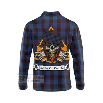 Home (Hume) Tartan Long Sleeve Polo Shirt with Family Crest and Bearded Skull Holding Bottles of Whiskey