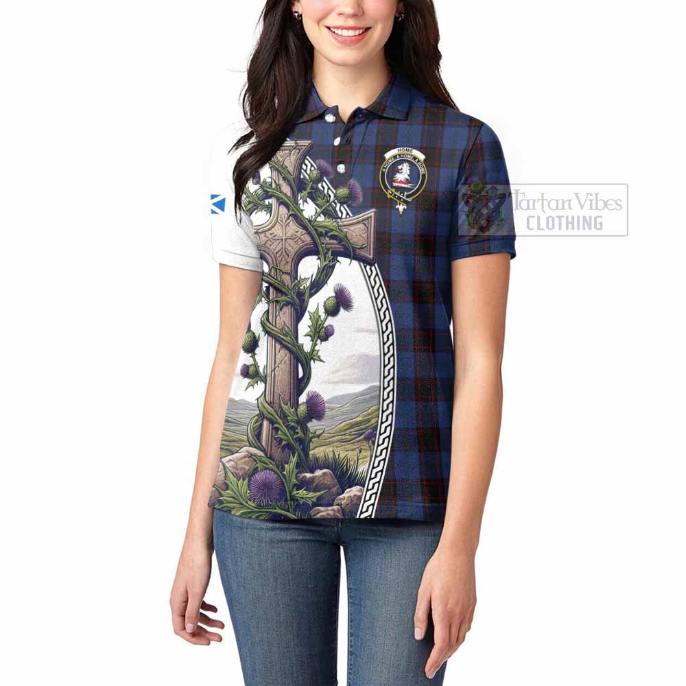 Tartan Vibes Clothing Home (Hume) Tartan Women's Polo Shirt with Family Crest and St. Andrew's Cross Accented by Thistle Vines