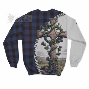 Home (Hume) Tartan Sweatshirt with Family Crest and St. Andrew's Cross Accented by Thistle Vines