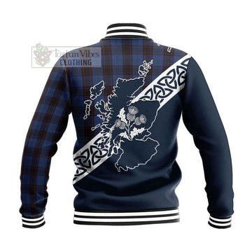 Home (Hume) Tartan Baseball Jacket Featuring Thistle and Scotland Map