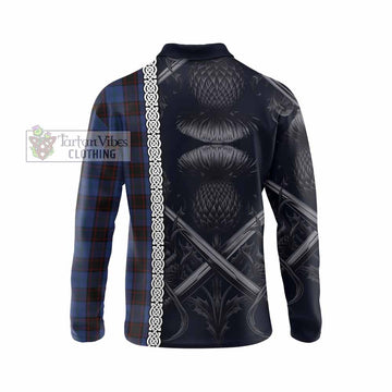 Home (Hume) Tartan Long Sleeve Polo Shirt with Family Crest Cross Sword Thistle Celtic Vibes