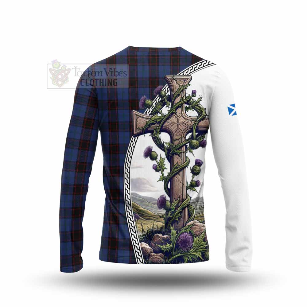 Tartan Vibes Clothing Home (Hume) Tartan Long Sleeve T-Shirt with Family Crest and St. Andrew's Cross Accented by Thistle Vines