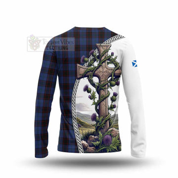 Home (Hume) Tartan Long Sleeve T-Shirt with Family Crest and St. Andrew's Cross Accented by Thistle Vines