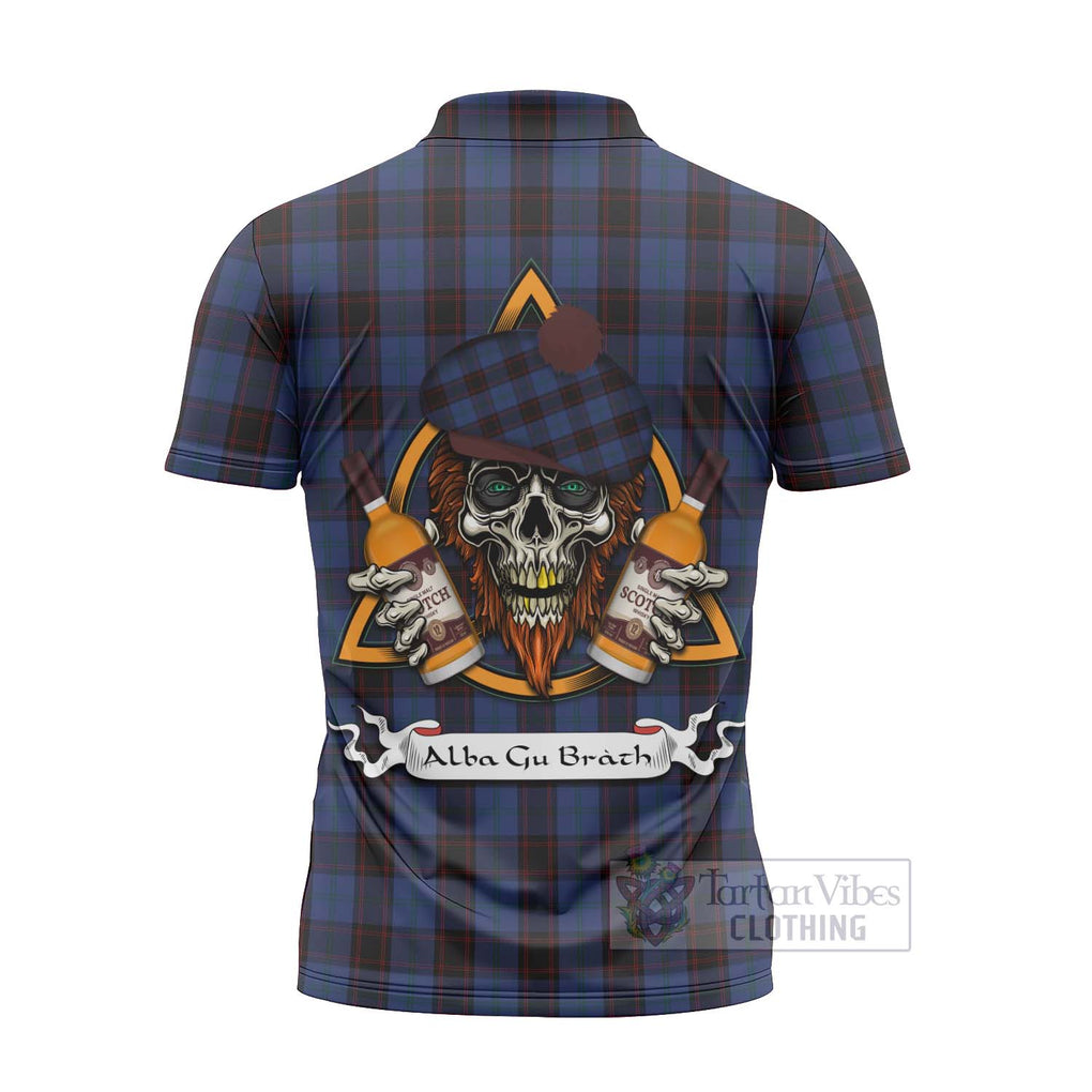 Tartan Vibes Clothing Home (Hume) Tartan Zipper Polo Shirt with Family Crest and Bearded Skull Holding Bottles of Whiskey