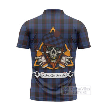 Home (Hume) Tartan Zipper Polo Shirt with Family Crest and Bearded Skull Holding Bottles of Whiskey