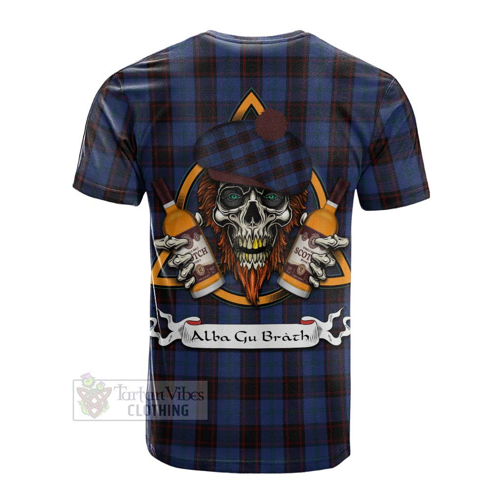 Tartan Vibes Clothing Home (Hume) Tartan Cotton T-shirt with Family Crest and Bearded Skull Holding Bottles of Whiskey