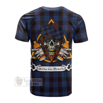 Home (Hume) Tartan Cotton T-shirt with Family Crest and Bearded Skull Holding Bottles of Whiskey