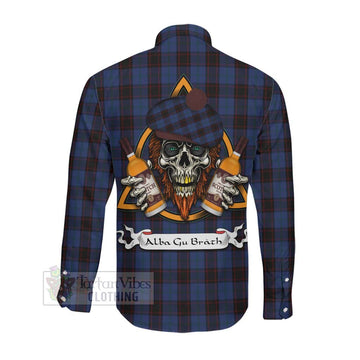 Home (Hume) Tartan Long Sleeve Button Shirt with Family Crest and Bearded Skull Holding Bottles of Whiskey