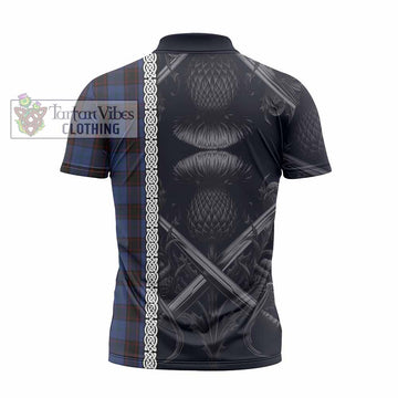 Home (Hume) Tartan Zipper Polo Shirt with Family Crest Cross Sword Thistle Celtic Vibes