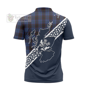 Home (Hume) Tartan Zipper Polo Shirt Featuring Thistle and Scotland Map