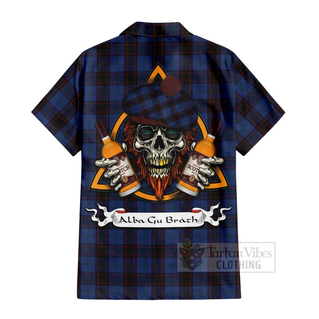 Tartan Vibes Clothing Home (Hume) Tartan Short Sleeve Button Shirt with Family Crest and Bearded Skull Holding Bottles of Whiskey