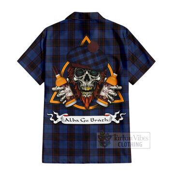 Home (Hume) Tartan Short Sleeve Button Shirt with Family Crest and Bearded Skull Holding Bottles of Whiskey