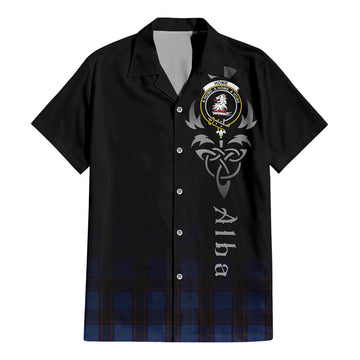 Home (Hume) Tartan Short Sleeve Button Up Shirt Featuring Alba Gu Brath Family Crest Celtic Inspired