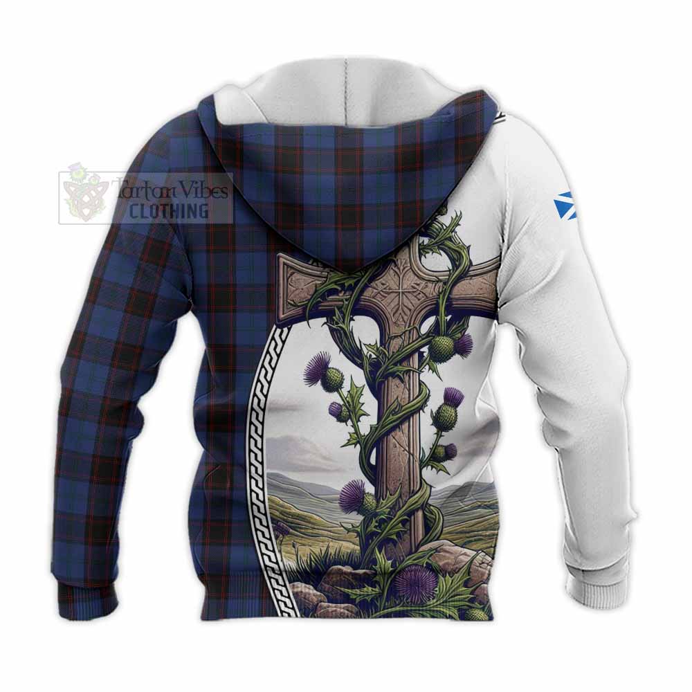 Tartan Vibes Clothing Home (Hume) Tartan Knitted Hoodie with Family Crest and St. Andrew's Cross Accented by Thistle Vines