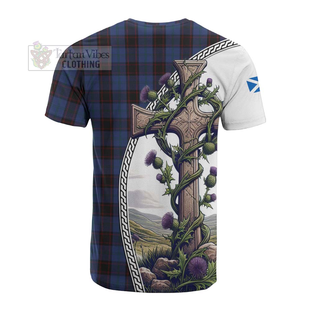 Tartan Vibes Clothing Home (Hume) Tartan Cotton T-shirt with Family Crest and St. Andrew's Cross Accented by Thistle Vines