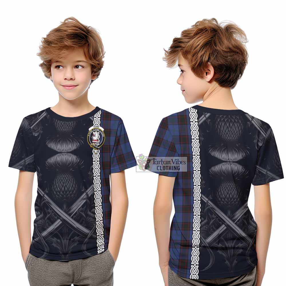 Tartan Vibes Clothing Home (Hume) Tartan Kid T-Shirt with Family Crest Cross Sword Thistle Celtic Vibes