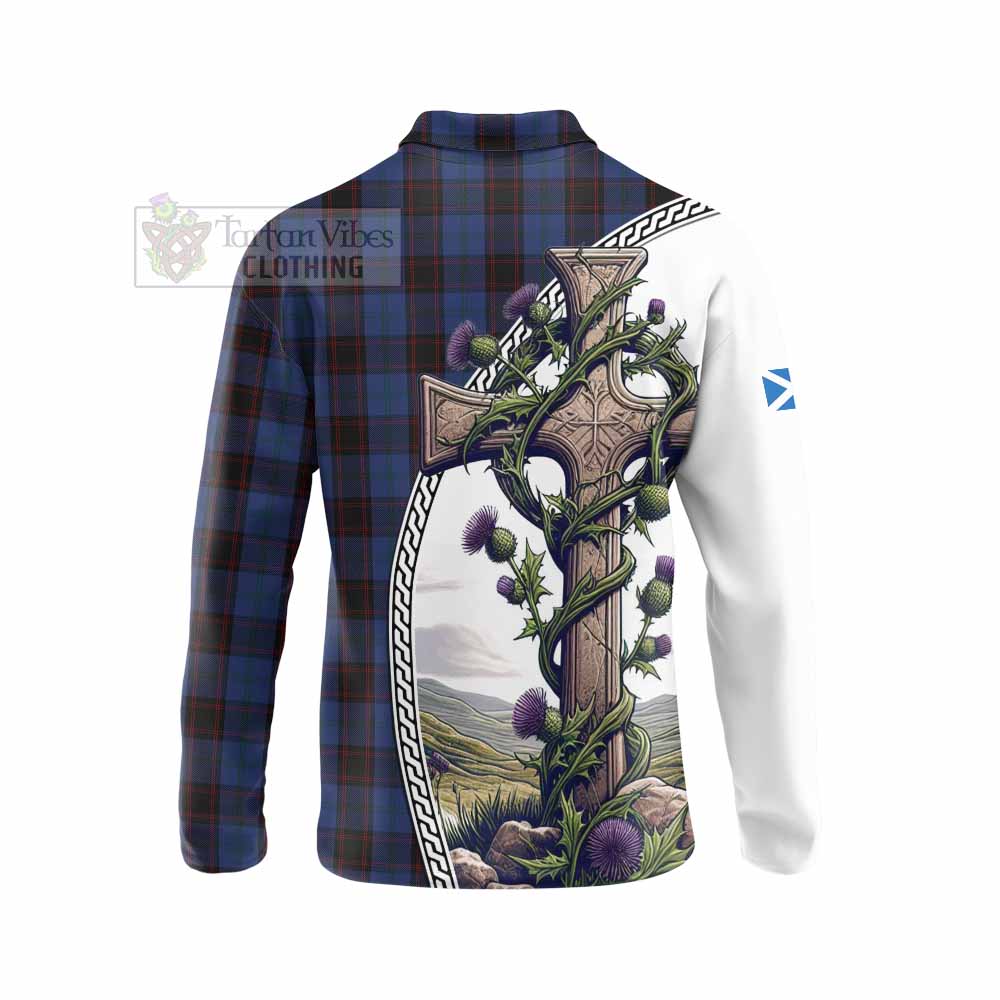 Tartan Vibes Clothing Home (Hume) Tartan Long Sleeve Polo Shirt with Family Crest and St. Andrew's Cross Accented by Thistle Vines