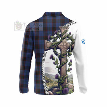 Home (Hume) Tartan Long Sleeve Polo Shirt with Family Crest and St. Andrew's Cross Accented by Thistle Vines