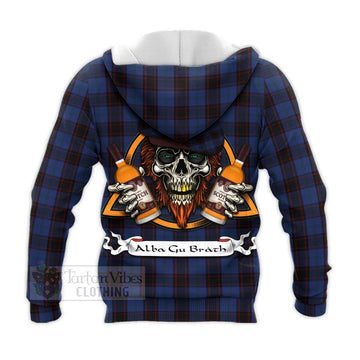 Home (Hume) Tartan Knitted Hoodie with Family Crest and Bearded Skull Holding Bottles of Whiskey