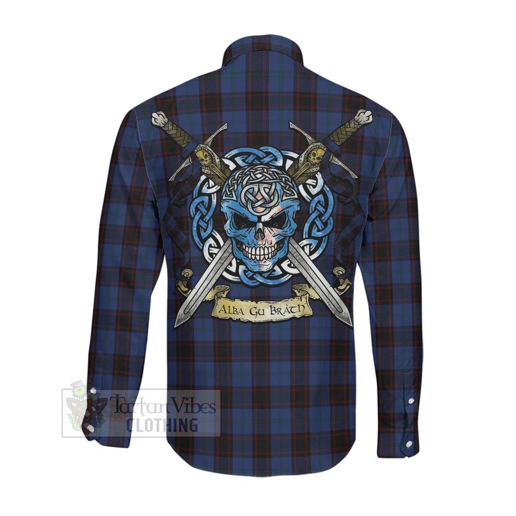 Tartan Vibes Clothing Home (Hume) Tartan Long Sleeve Button Shirt with Family Crest Celtic Skull Style