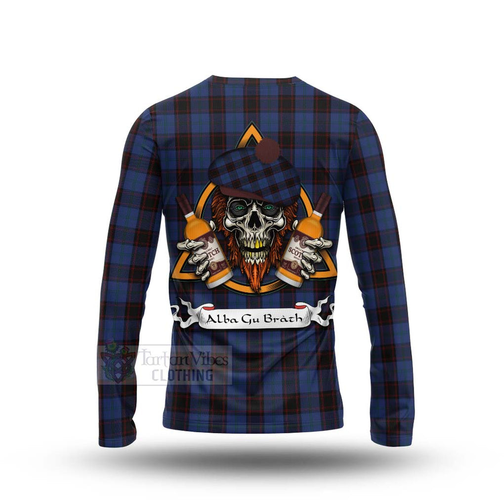 Tartan Vibes Clothing Home (Hume) Tartan Long Sleeve T-Shirt with Family Crest and Bearded Skull Holding Bottles of Whiskey