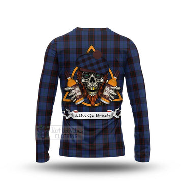 Home (Hume) Tartan Long Sleeve T-Shirt with Family Crest and Bearded Skull Holding Bottles of Whiskey