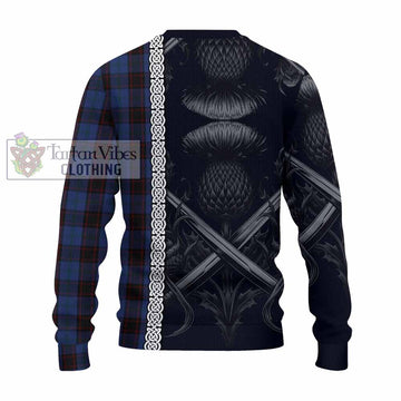 Home (Hume) Tartan Knitted Sweater with Family Crest Cross Sword Thistle Celtic Vibes