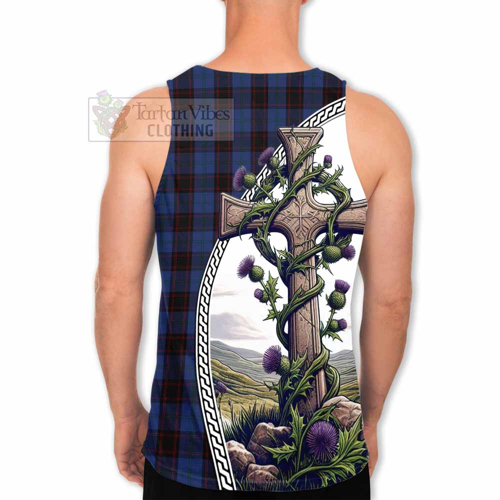 Tartan Vibes Clothing Home (Hume) Tartan Men's Tank Top with Family Crest and St. Andrew's Cross Accented by Thistle Vines