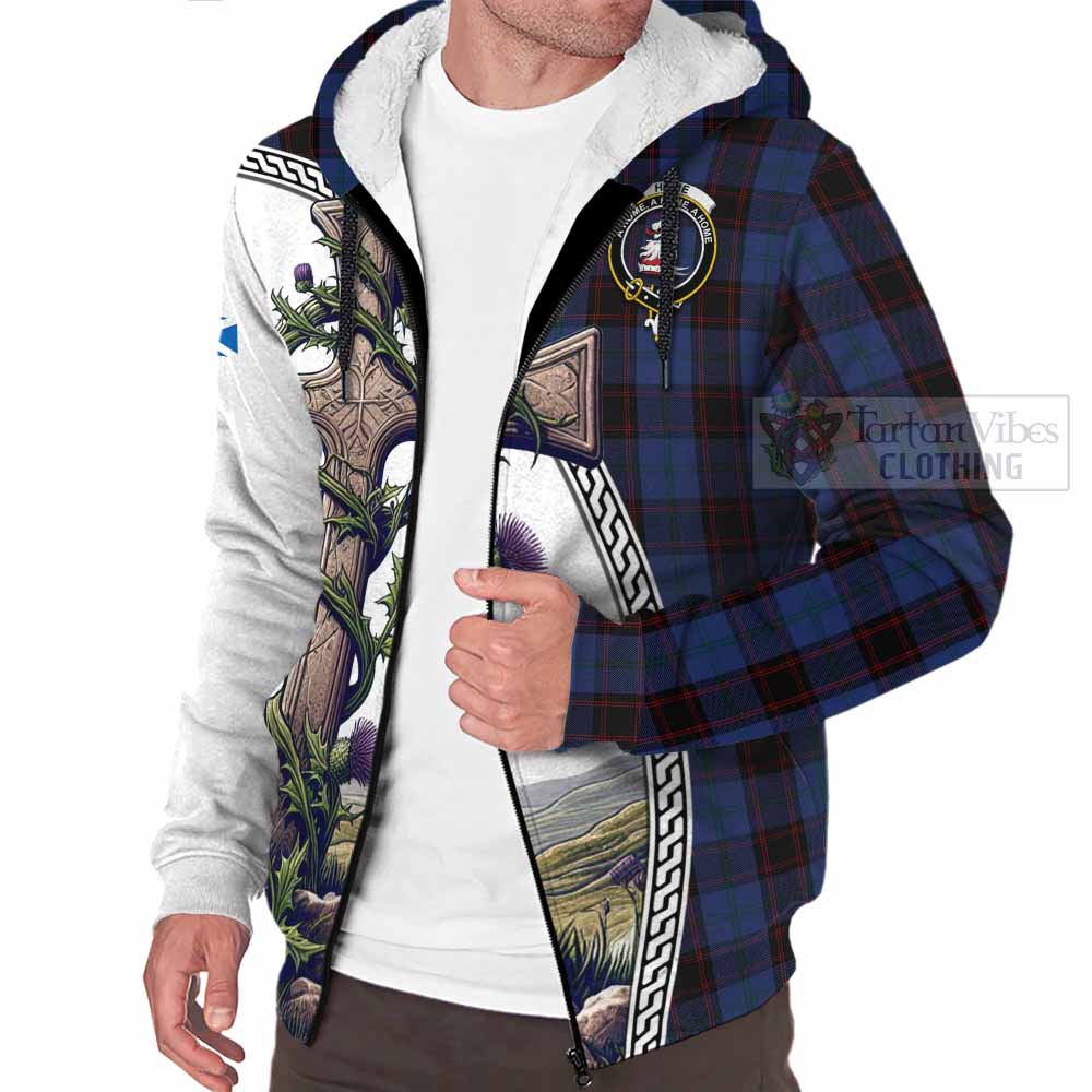 Tartan Vibes Clothing Home (Hume) Tartan Sherpa Hoodie with Family Crest and St. Andrew's Cross Accented by Thistle Vines