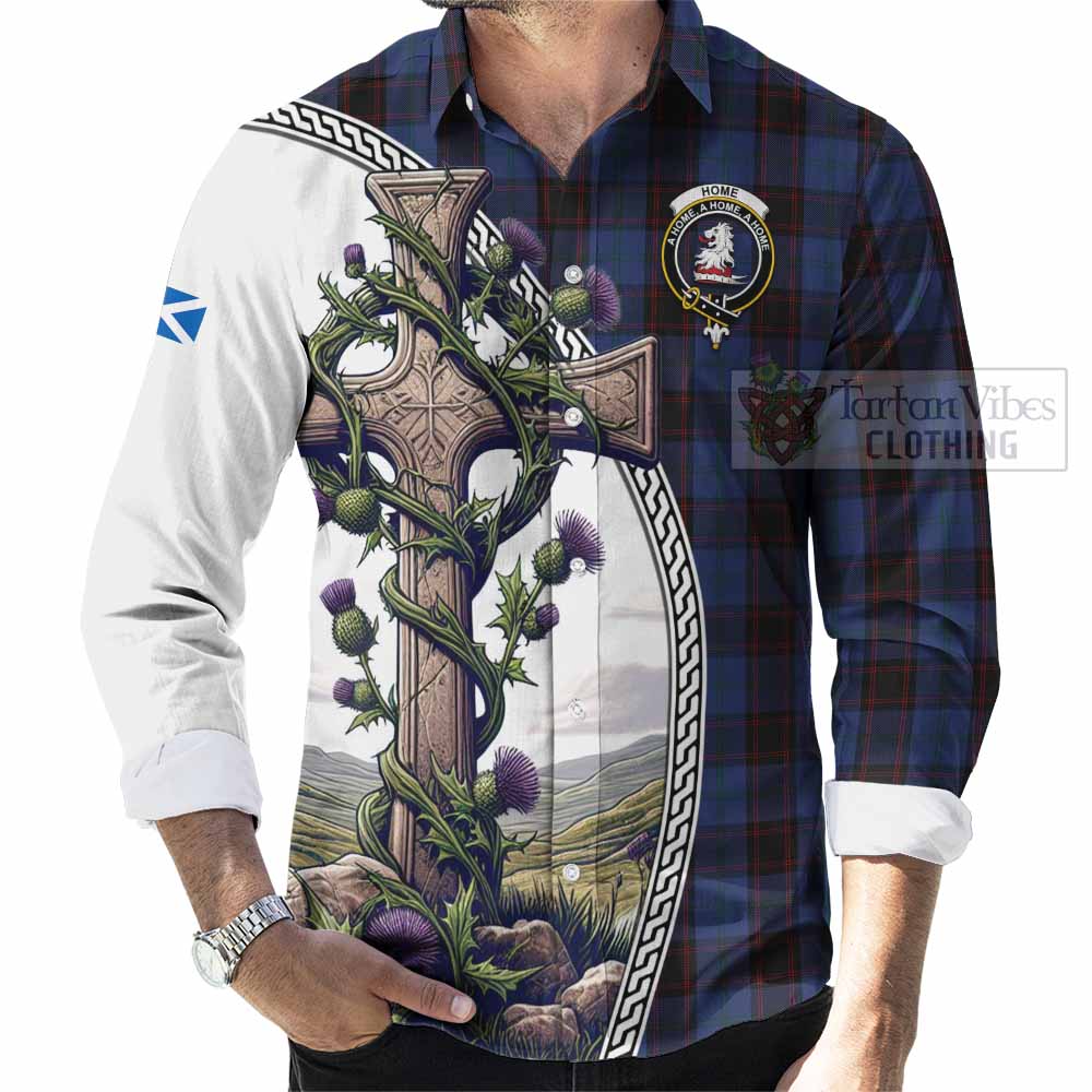 Tartan Vibes Clothing Home (Hume) Tartan Long Sleeve Button Shirt with Family Crest and St. Andrew's Cross Accented by Thistle Vines