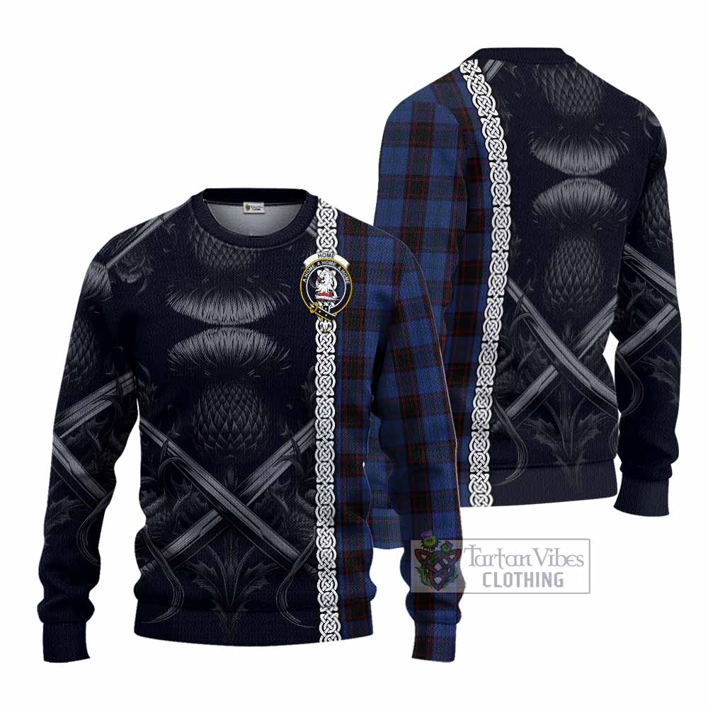 Tartan Vibes Clothing Home (Hume) Tartan Knitted Sweater with Family Crest Cross Sword Thistle Celtic Vibes