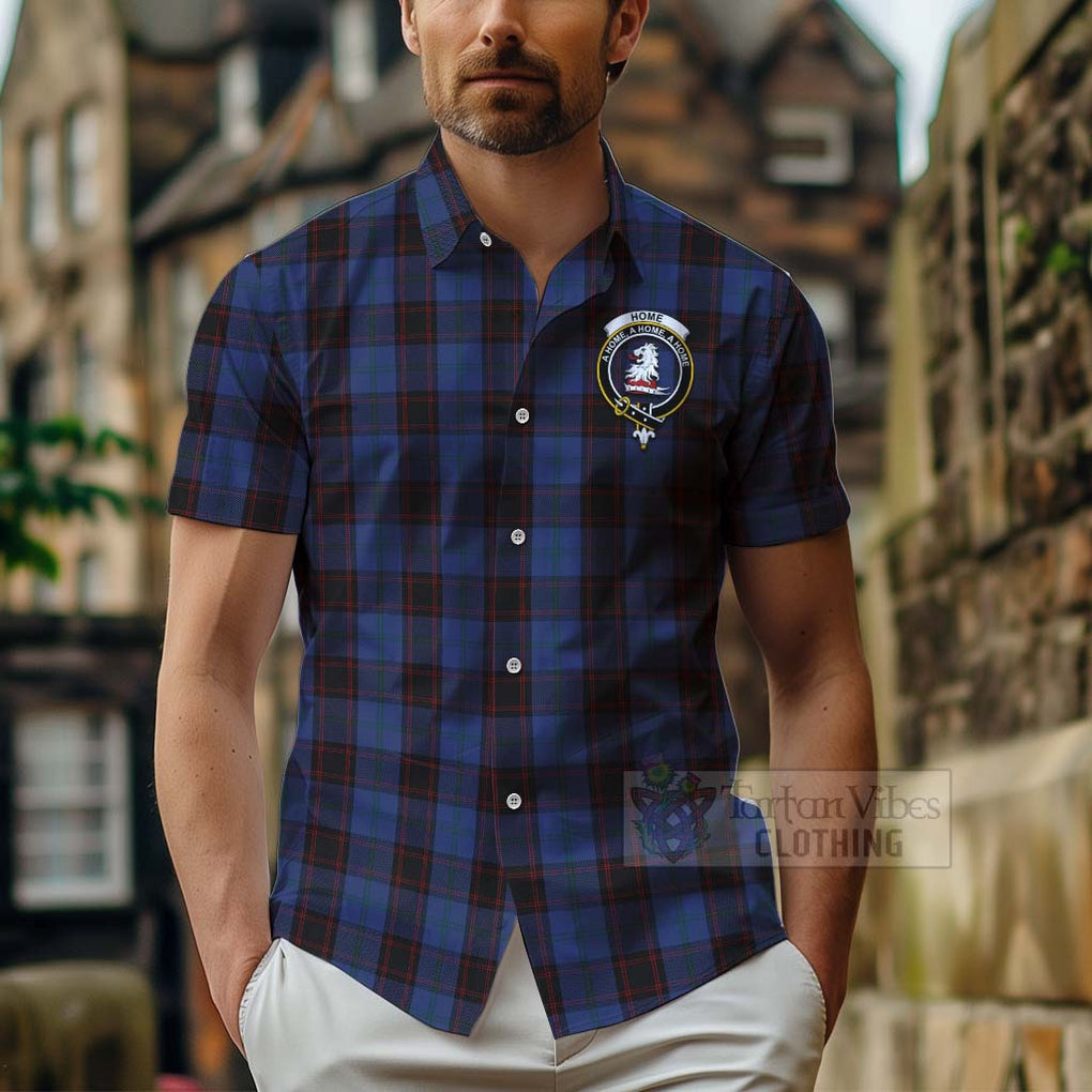 Tartan Vibes Clothing Home (Hume) Tartan Short Sleeve Button Shirt with Family Crest and Bearded Skull Holding Bottles of Whiskey