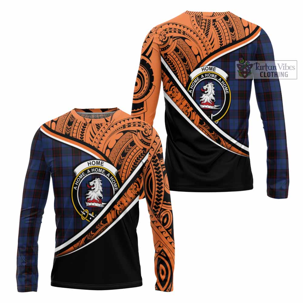 Tartan Vibes Clothing Home (Hume) Crest Tartan Long Sleeve T-Shirt with Maori Tattoo Style - Orange Version