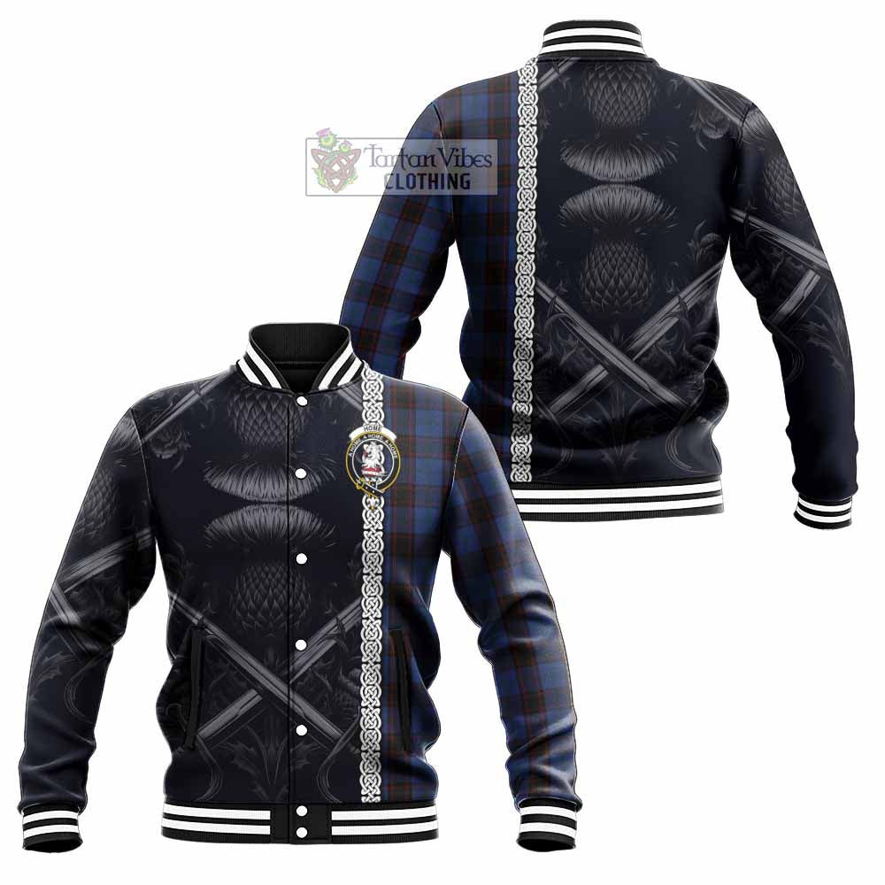 Tartan Vibes Clothing Home (Hume) Tartan Baseball Jacket with Family Crest Cross Sword Thistle Celtic Vibes