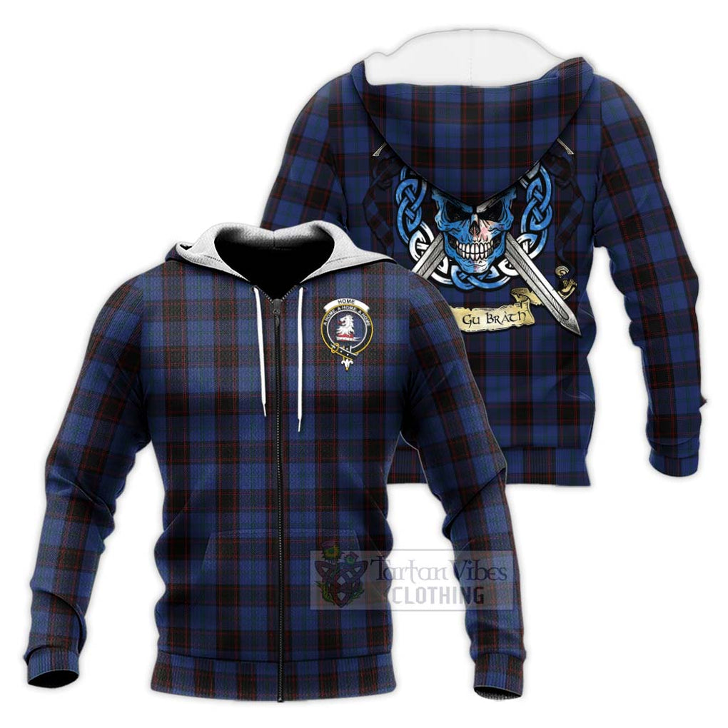 Tartan Vibes Clothing Home (Hume) Tartan Knitted Hoodie with Family Crest Celtic Skull Style