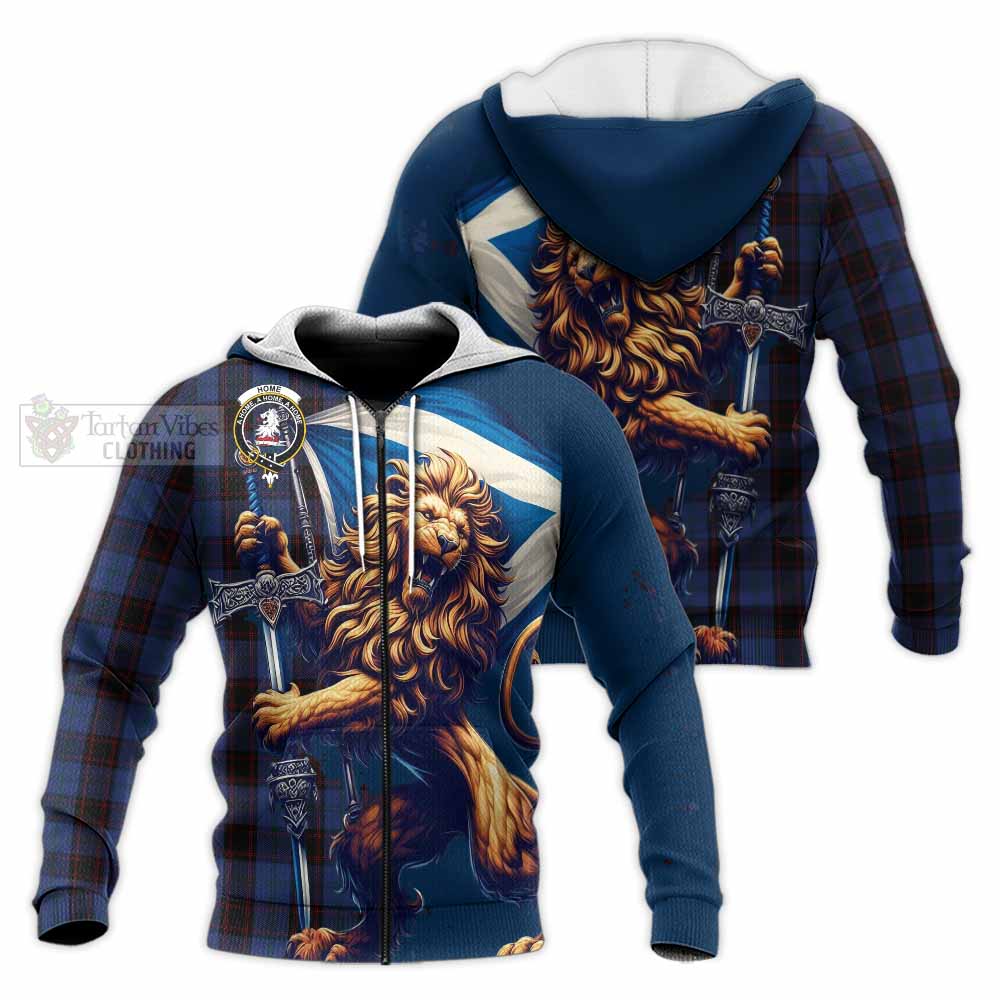 Tartan Vibes Clothing Home (Hume) Tartan Family Crest Knitted Hoodie with Scottish Majestic Lion