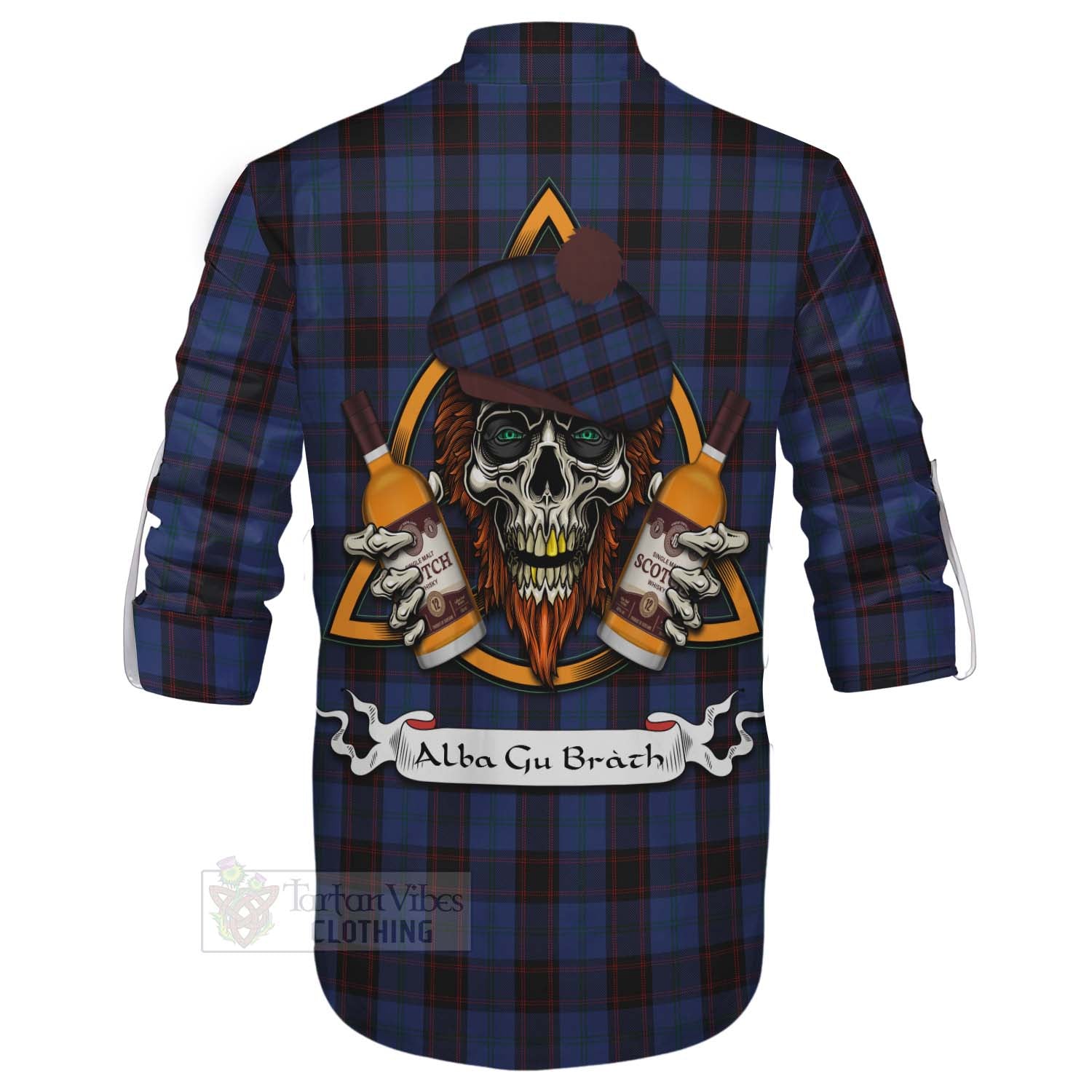 Tartan Vibes Clothing Home (Hume) Tartan Ghillie Kilt Shirt with Family Crest and Bearded Skull Holding Bottles of Whiskey