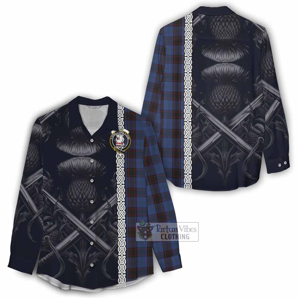 Tartan Vibes Clothing Home (Hume) Tartan Women's Casual Shirt with Family Crest Cross Sword Thistle Celtic Vibes