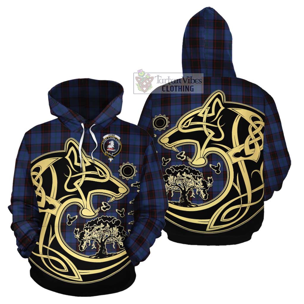 Tartan Vibes Clothing Home (Hume) Tartan Cotton Hoodie with Family Crest Celtic Wolf Style