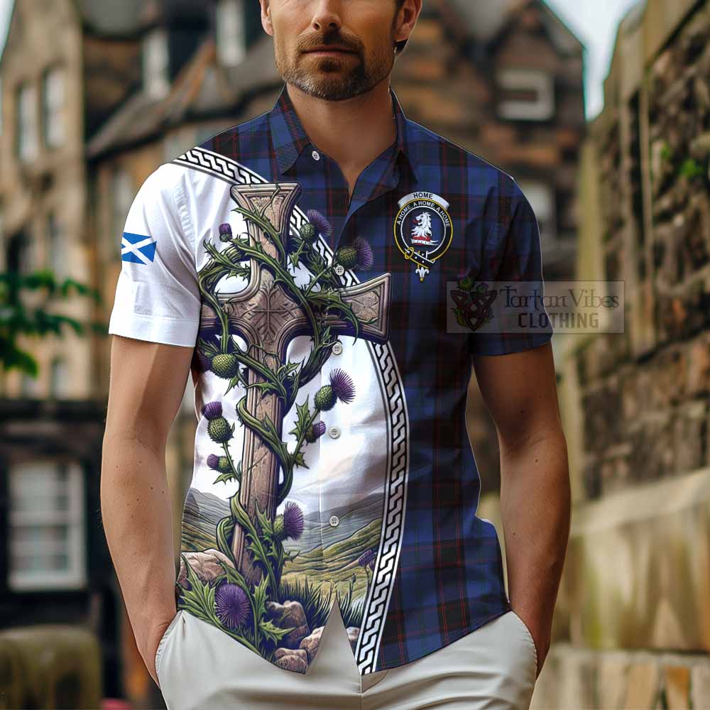 Tartan Vibes Clothing Home (Hume) Tartan Short Sleeve Button Shirt with Family Crest and St. Andrew's Cross Accented by Thistle Vines