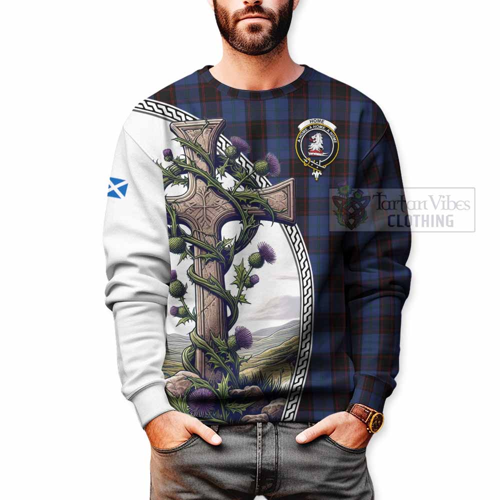 Tartan Vibes Clothing Home (Hume) Tartan Sweatshirt with Family Crest and St. Andrew's Cross Accented by Thistle Vines