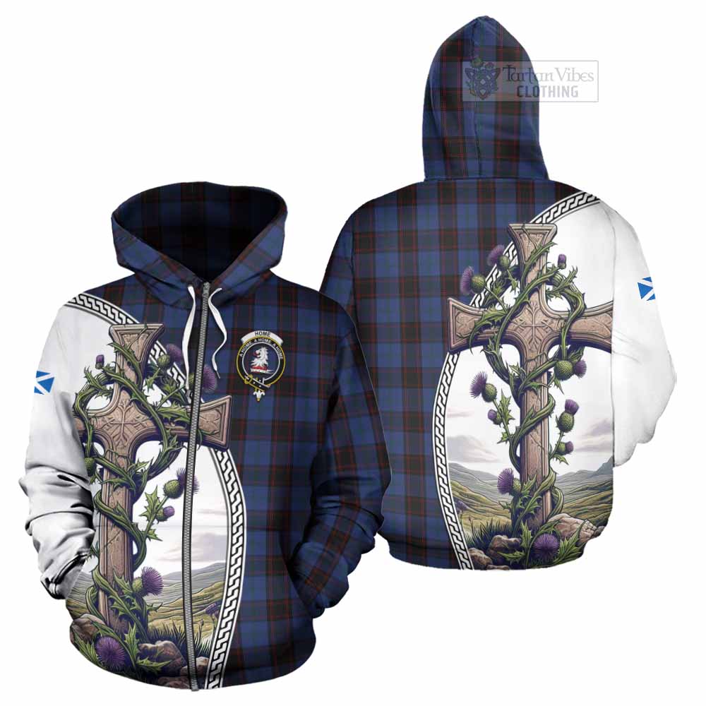 Tartan Vibes Clothing Home (Hume) Tartan Hoodie with Family Crest and St. Andrew's Cross Accented by Thistle Vines