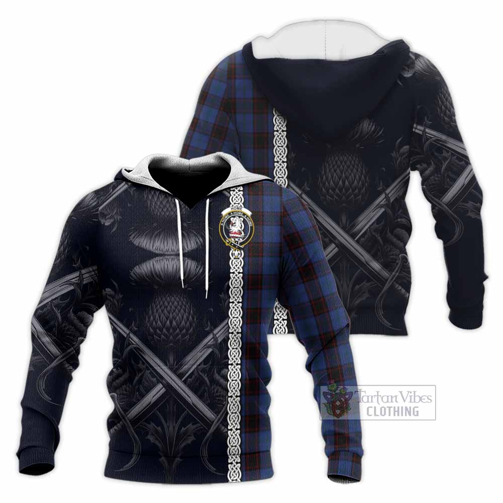 Tartan Vibes Clothing Home (Hume) Tartan Knitted Hoodie with Family Crest Cross Sword Thistle Celtic Vibes